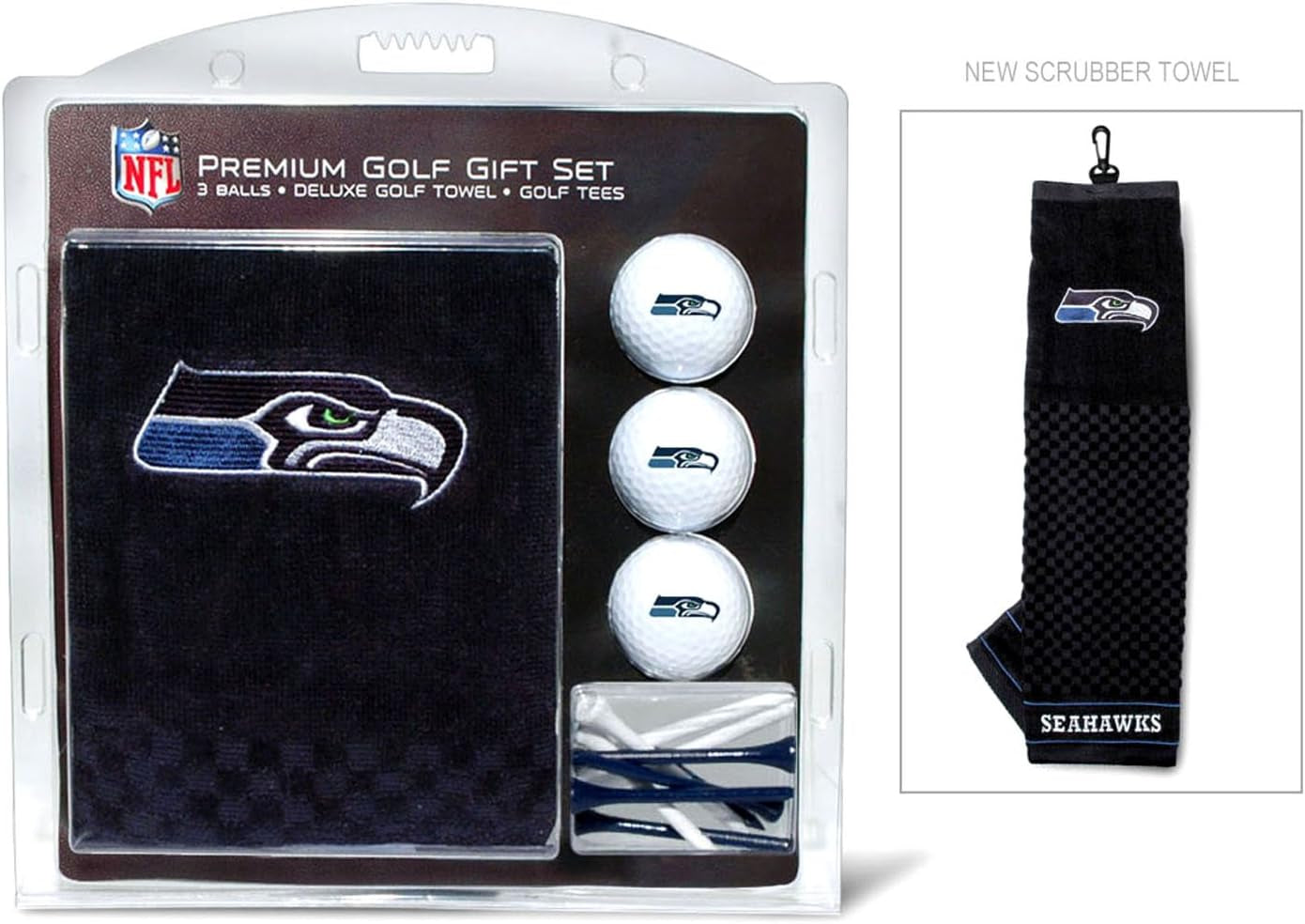 NFL Seattle Seahawks Gift Set: Embroidered Golf Towel, 3 Golf Balls, and 14 Golf Tees 2-3/4" Regulation, Tri-Fold Towel 16" X 22" & 100% Cotton