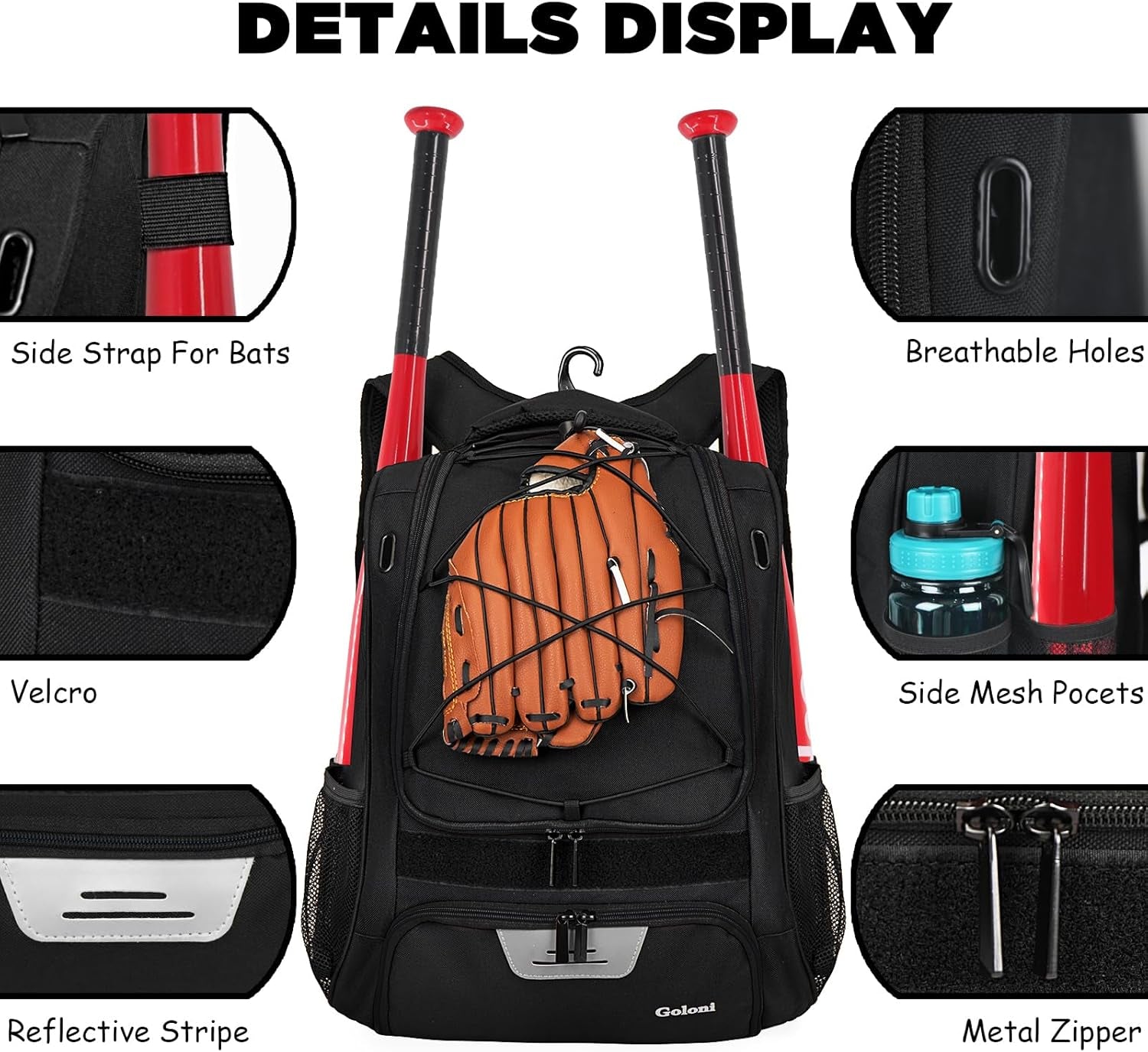 | Baseball Backpack,Baseball Bag for Adult,Softball Bat Bag with Shoes Compartment,Large Main Compartment for Helmet & Accessories, Fence Hook