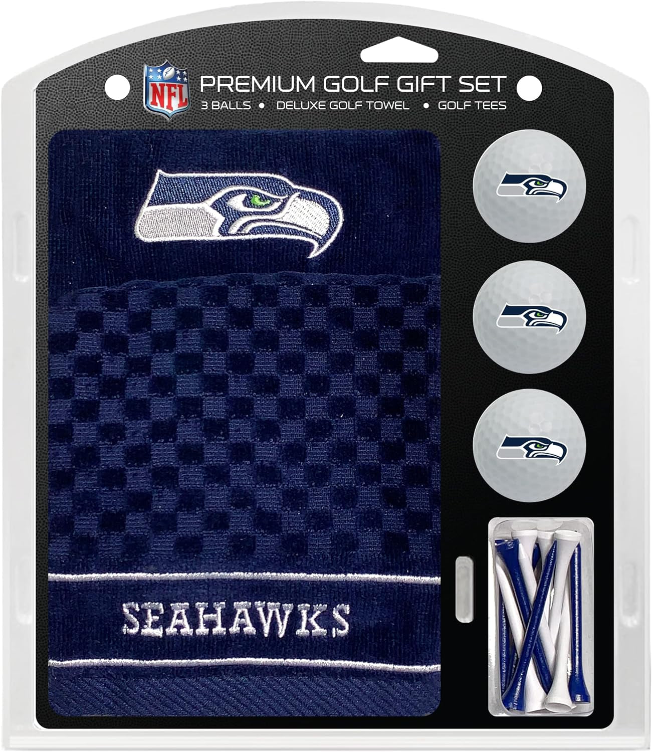 NFL Seattle Seahawks Gift Set: Embroidered Golf Towel, 3 Golf Balls, and 14 Golf Tees 2-3/4" Regulation, Tri-Fold Towel 16" X 22" & 100% Cotton