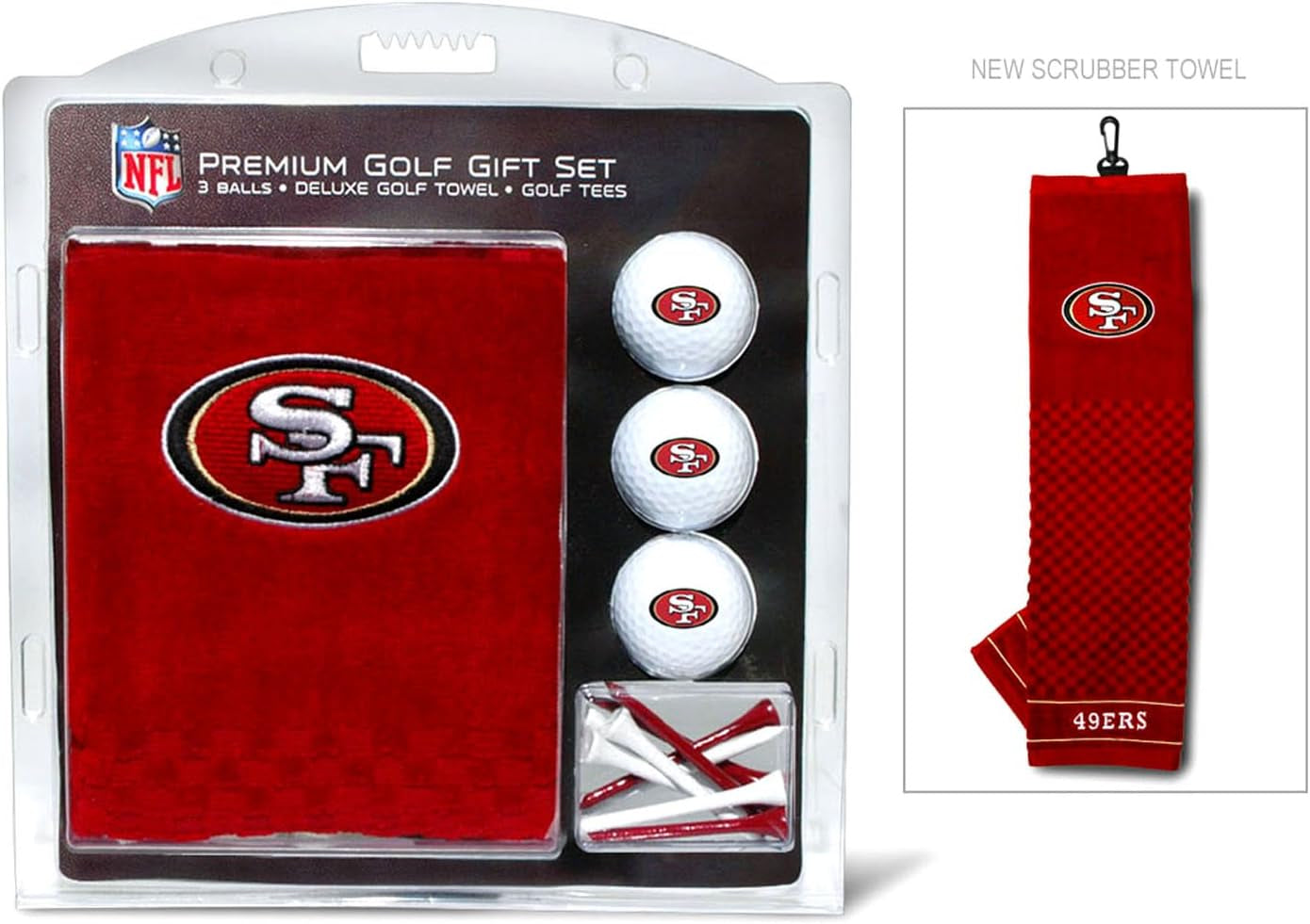 NFL San Francisco 49Ers Gift Set: Embroidered Golf Towel, 3 Golf Balls, and 14 Golf Tees 2-3/4" Regulation, Tri-Fold Towel 16" X 22" & 100% Cotton