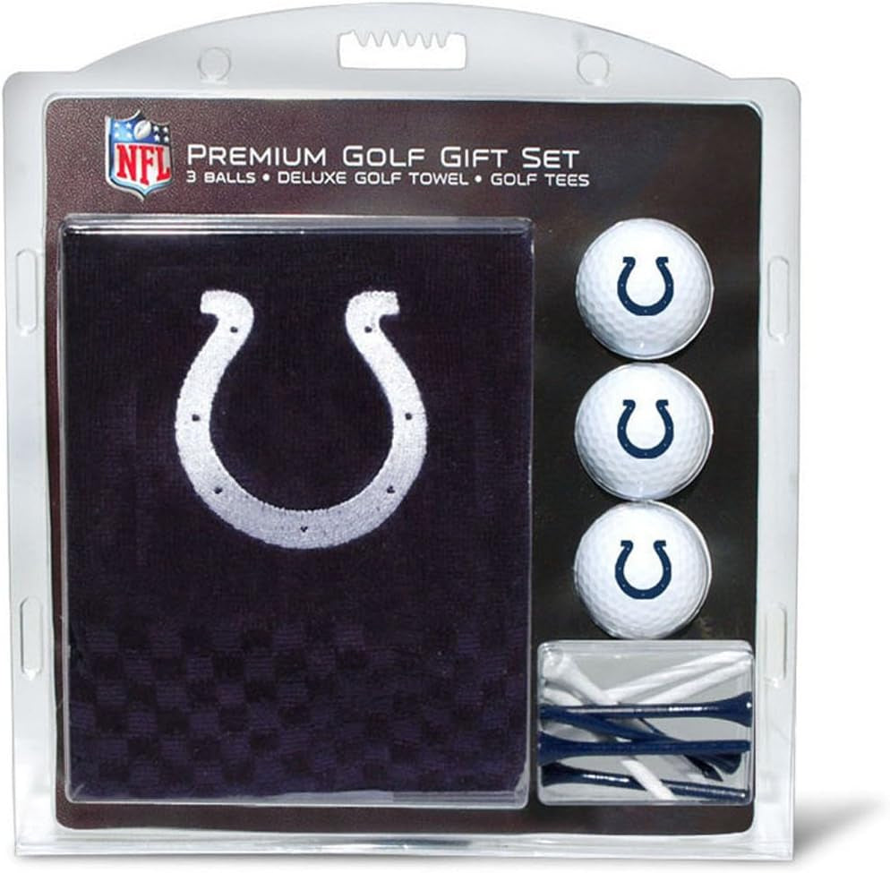 NFL Indianapolis Colts Gift Set: Embroidered Golf Towel, 3 Golf Balls, and 14 Golf Tees 2-3/4" Regulation, Tri-Fold Towel 16" X 22" & 100% Cotton