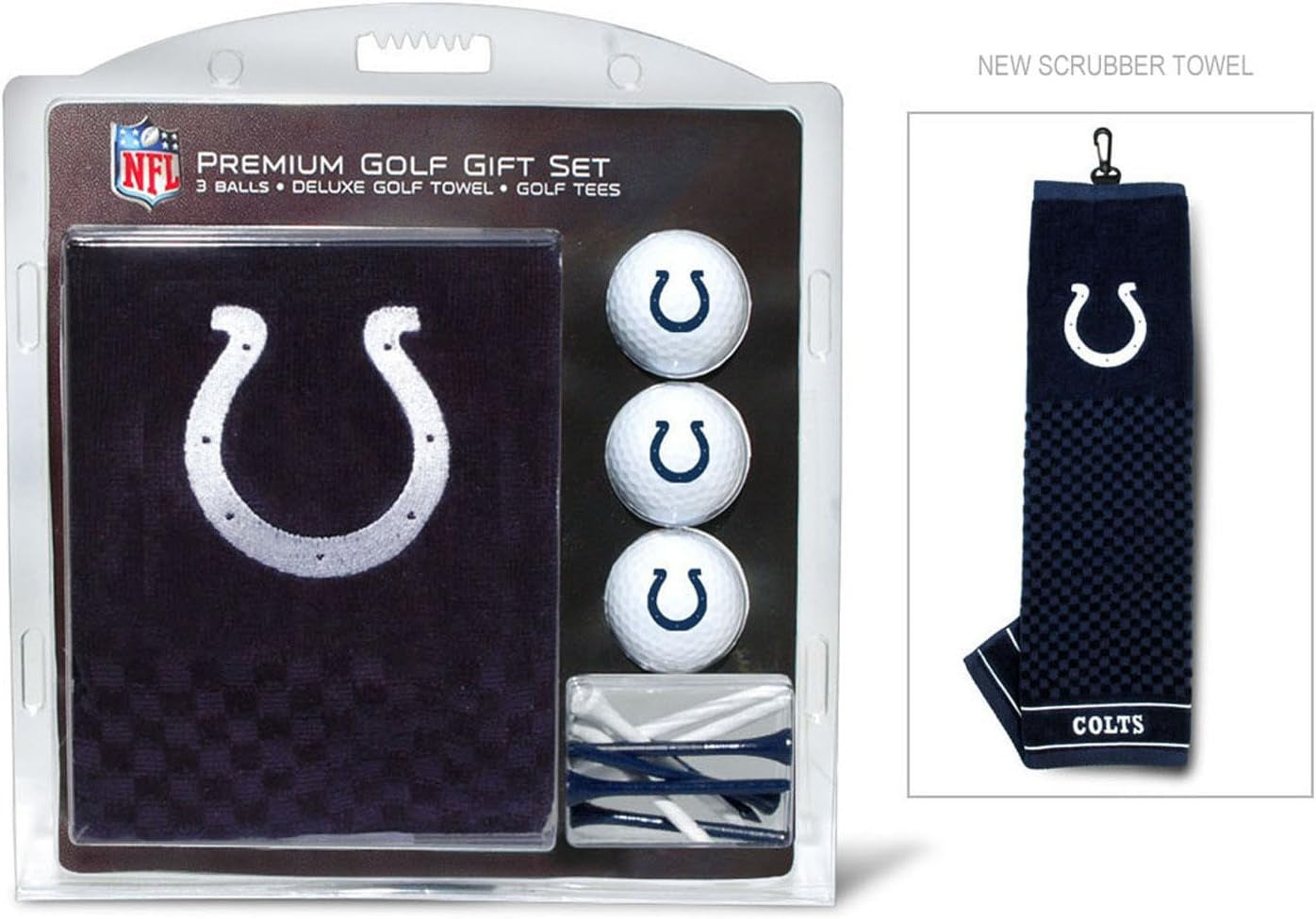 NFL Indianapolis Colts Gift Set: Embroidered Golf Towel, 3 Golf Balls, and 14 Golf Tees 2-3/4" Regulation, Tri-Fold Towel 16" X 22" & 100% Cotton
