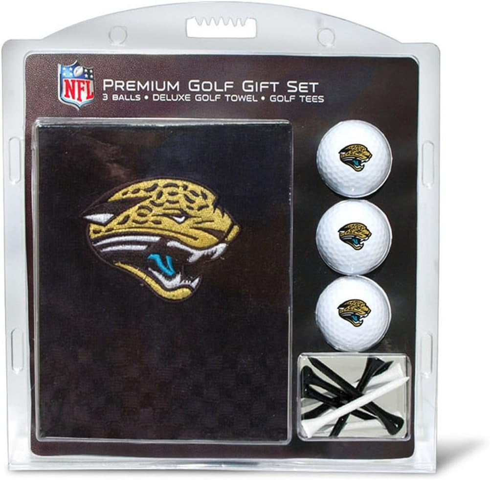 NFL Jacksonville Jaguars Gift Set: Embroidered Golf Towel, 3 Golf Balls, and 14 Golf Tees 2-3/4" Regulation, Tri-Fold Towel 16" X 22" & 100% Cotton