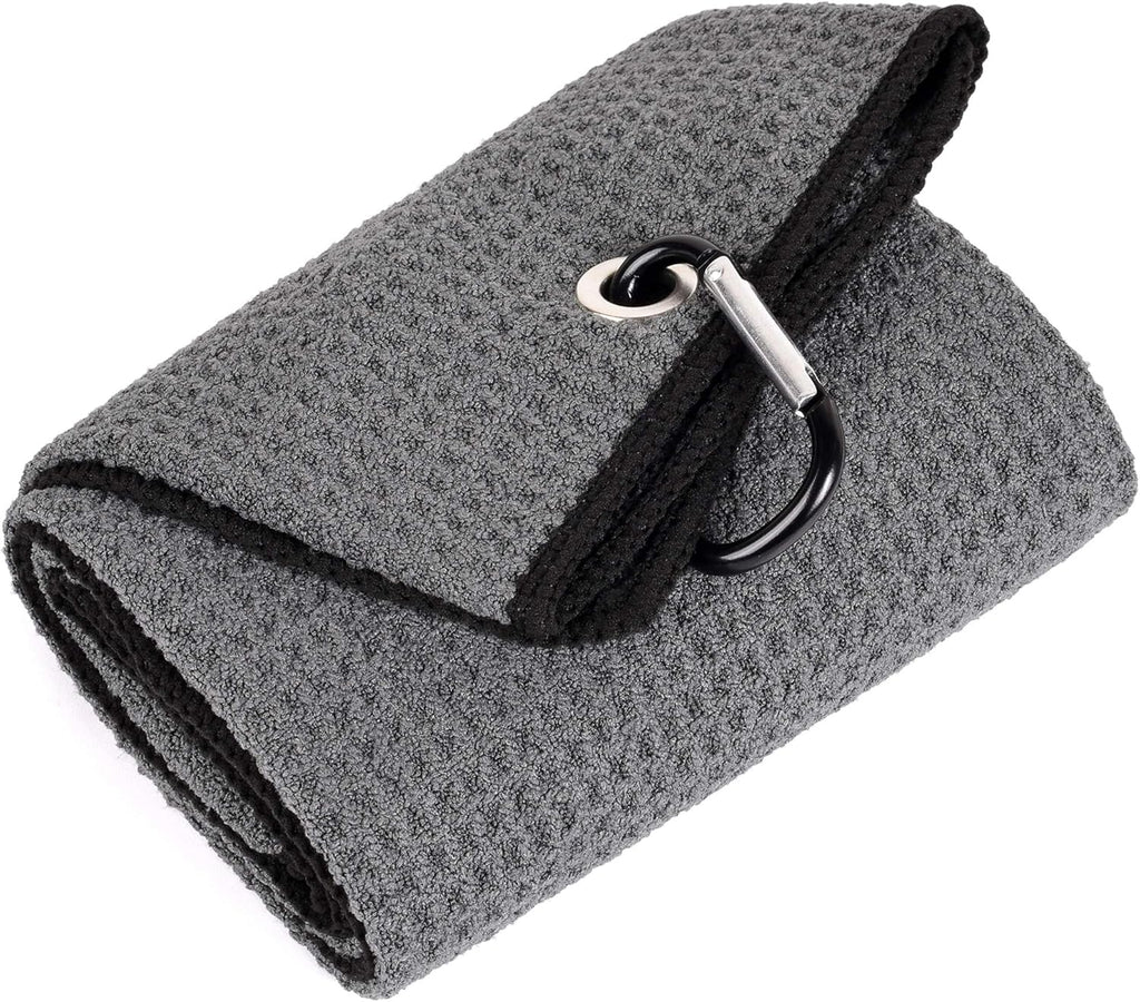 Tri-Fold Golf Towel | 16" X 24" | Premium Microfiber Fabric | Waffle Pattern | with Heavy Duty Carabiner Clip | for Men and Women (Dark Gray)