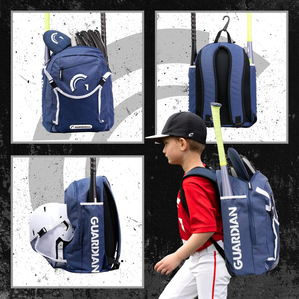 Backpack for Youth, Softball Bag for Girls, Durable Bat Bags Baseball Youth Boys and Girls, Tball Bag – Includes Hook to Hang on Fence - Navy/White